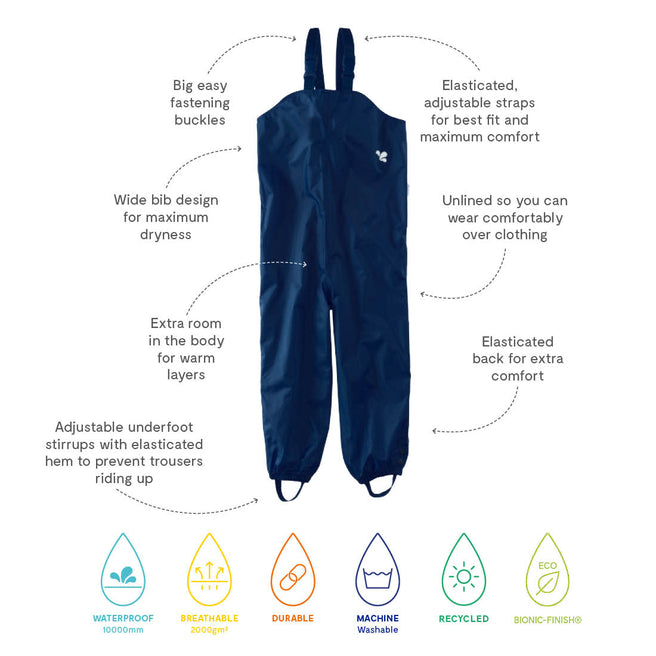 Originals Waterproof Dungarees Navy, featuring elasticated straps, roomy body, underfoot stirrups, and waterproof, breathable, durable, recycled fabric.